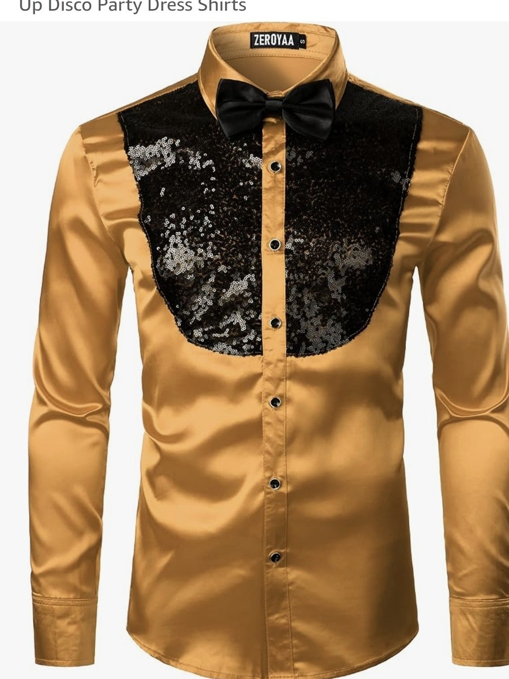 ZEROYAA Men’s Gold Satin Dress Shirt with Black Sequin Bib and Bow Tie